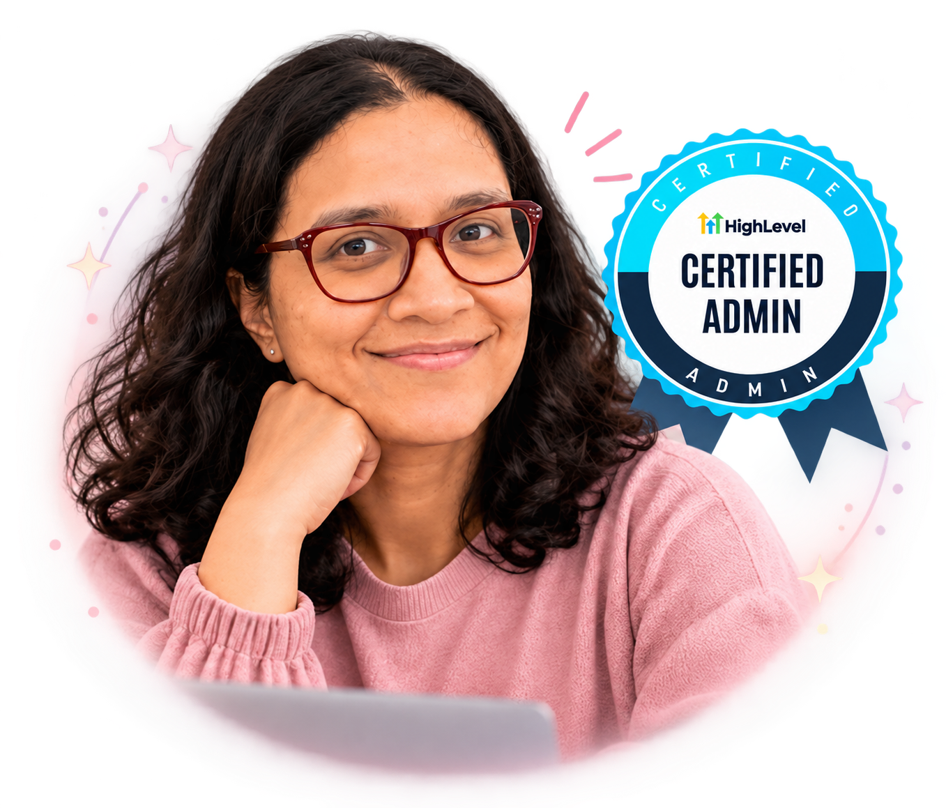 Anne with her GoHighLevel Certified Admin badge